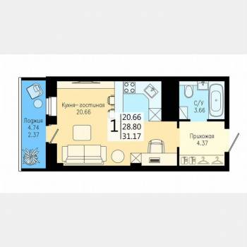 Продается 1-комнатная квартира, 31,2 м²