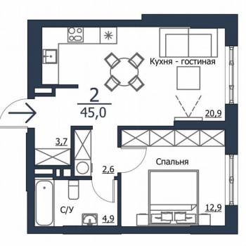 Сдается 2-х комнатная квартира, 45 м²