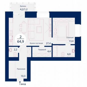 Продается 2-х комнатная квартира, 64,9 м²