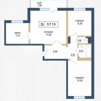 Продается 3-х комнатная квартира, 57 м²