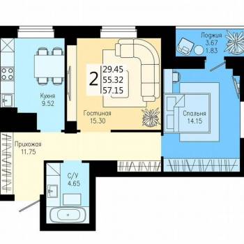 Продается 2-х комнатная квартира, 57,1 м²