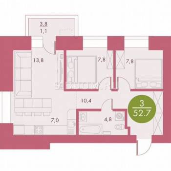 Продается 3-х комнатная квартира, 52,7 м²