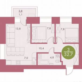 Продается 3-х комнатная квартира, 52,6 м²