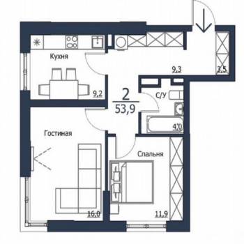 Сдается 2-х комнатная квартира, 53,6 м²