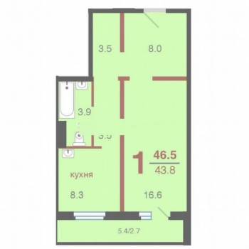 Продается 1-комнатная квартира, 46,5 м²