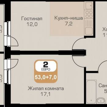 Продается 2-х комнатная квартира, 53 м²