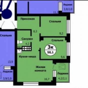 Продается 3-х комнатная квартира, 51 м²