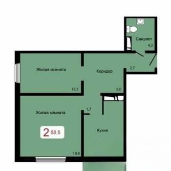 Продается 2-х комнатная квартира, 57,8 м²