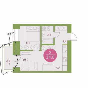 Продается 2-х комнатная квартира, 34 м²