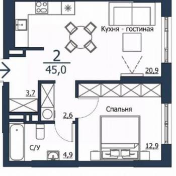 Сдается 2-х комнатная квартира, 45 м²