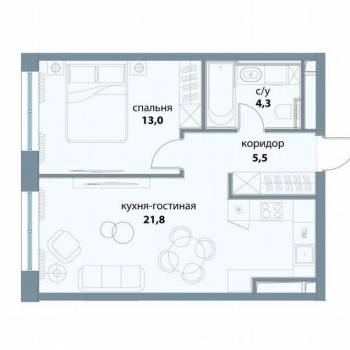 Продается 1-комнатная квартира, 45,8 м²