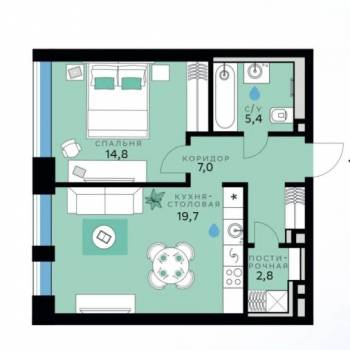 Продается 1-комнатная квартира, 49,8 м²