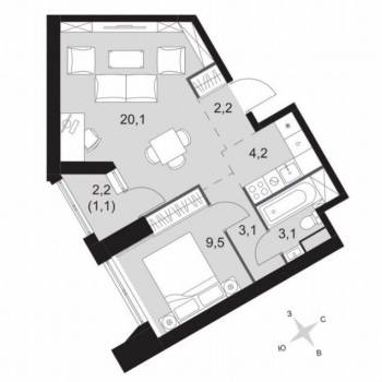 Продается 1-комнатная квартира, 43,3 м²