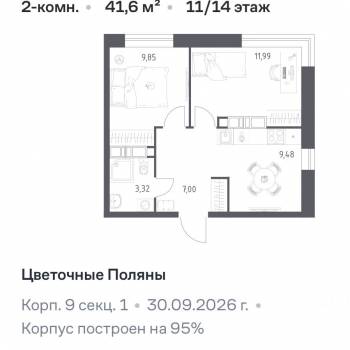 Продается 2-х комнатная квартира, 41,64 м²