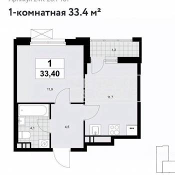Продается 1-комнатная квартира, 33,4 м²