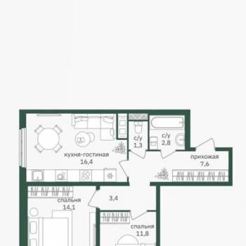 Сдается 2-х комнатная квартира, 60 м²