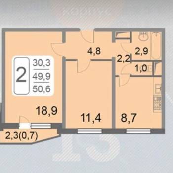 Продается 2-х комнатная квартира, 50,3 м²