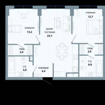 Продается 2-х комнатная квартира, 73,8 м²
