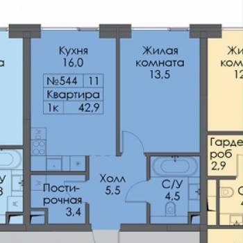Продается 1-комнатная квартира, 42,9 м²