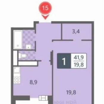 Продается 1-комнатная квартира, 41,9 м²