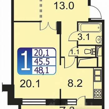 Продается 1-комнатная квартира, 48,1 м²