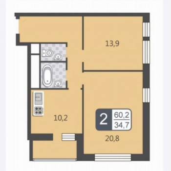Продается 2-х комнатная квартира, 60,8 м²