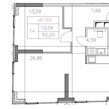 Продается 1-комнатная квартира, 52,2 м²