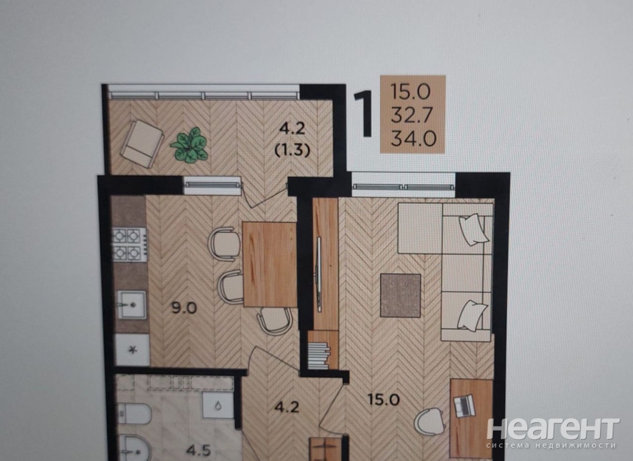 Продается 1-комнатная квартира, 34 м²