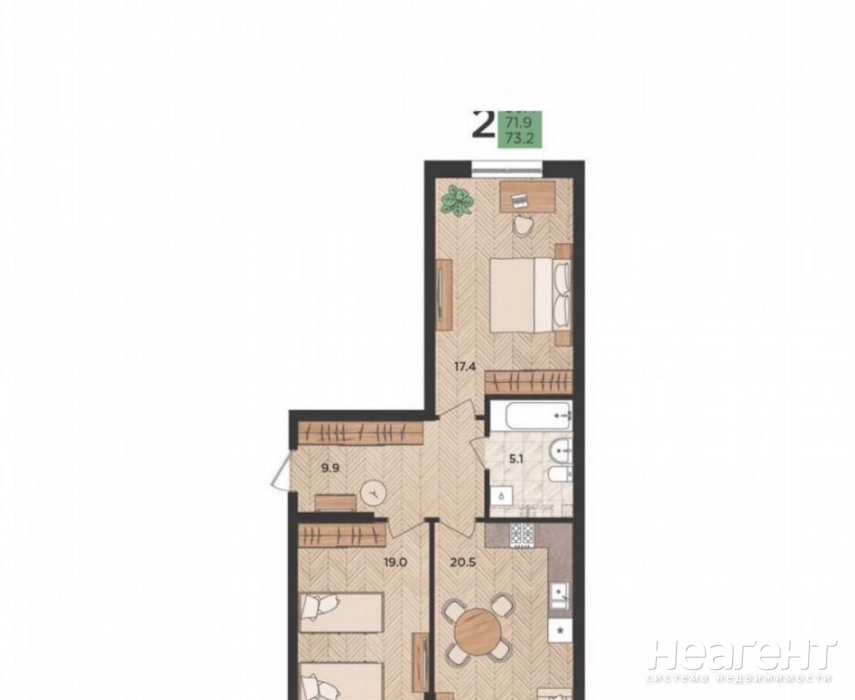 Продается 2-х комнатная квартира, 74 м²