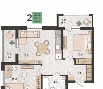 Продается 2-х комнатная квартира, 57,95 м²