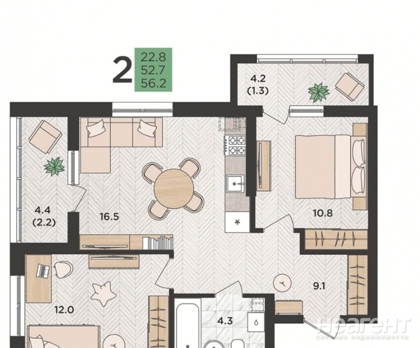 Продается 2-х комнатная квартира, 57,95 м²