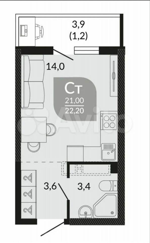 Продается 1-комнатная квартира, 22,1 м²