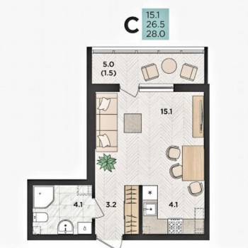 Продается 1-комнатная квартира, 29,5 м²
