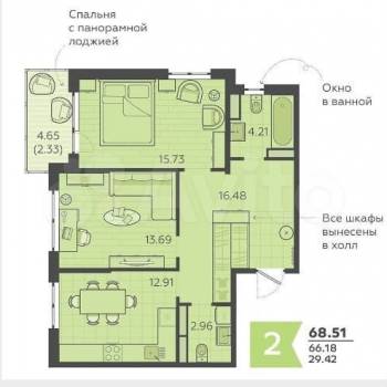 Продается 2-х комнатная квартира, 65,5 м²