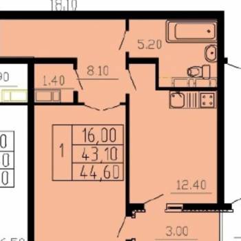 Продается 1-комнатная квартира, 44,6 м²