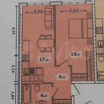 Продается 1-комнатная квартира, 44,5 м²