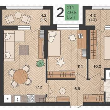 Продается 2-х комнатная квартира, 52,1 м²