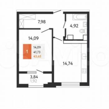Продается 1-комнатная квартира, 42,5 м²