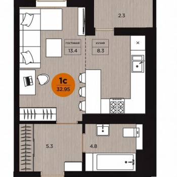 Продается 1-комнатная квартира, 31,3 м²