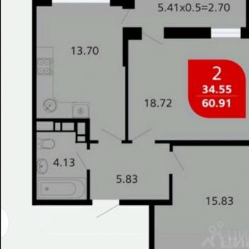 Продается 2-х комнатная квартира, 60,91 м²