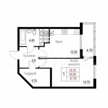 Продается 1-комнатная квартира, 47,7 м²