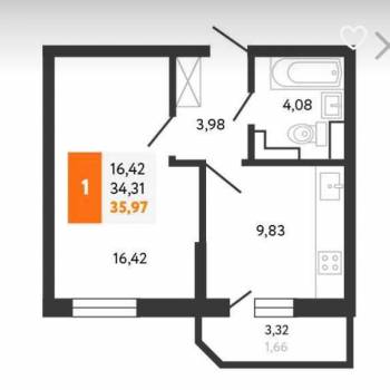 Продается 1-комнатная квартира, 34,7 м²
