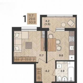 Продается 1-комнатная квартира, 32,9 м²
