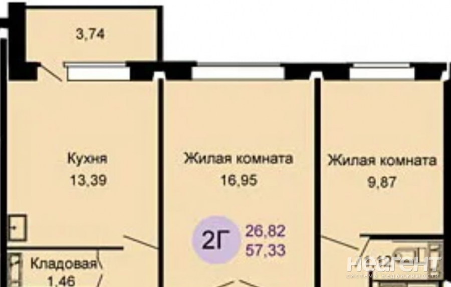 Продается 2-х комнатная квартира, 57 м²