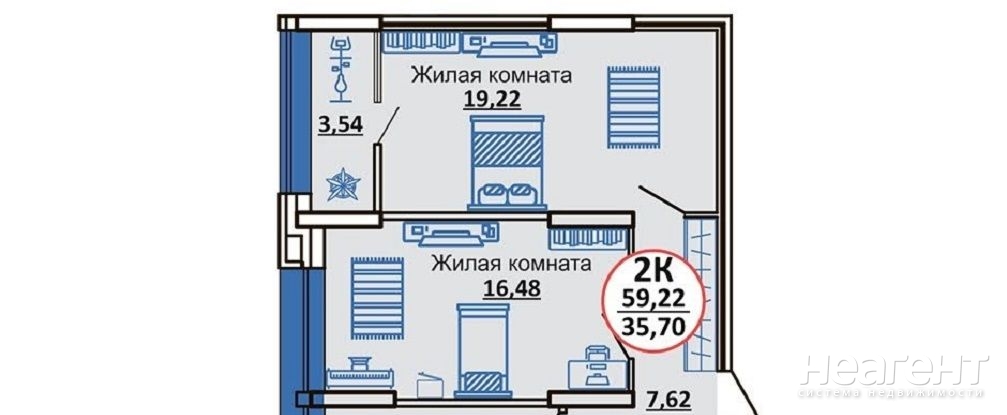 Продается 2-х комнатная квартира, 62,8 м²