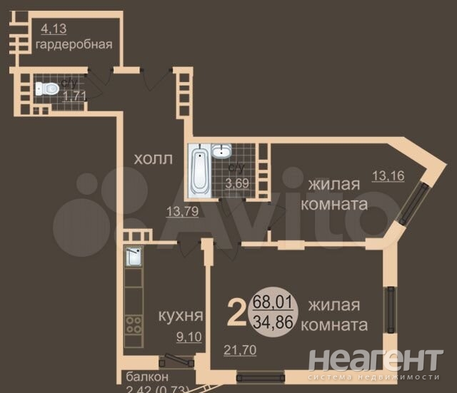 Продается 2-х комнатная квартира, 68 м²