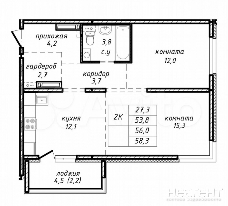 Продается 2-х комнатная квартира, 56 м²