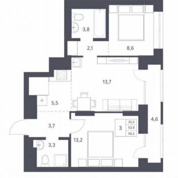 Продается 3-х комнатная квартира, 53,9 м²