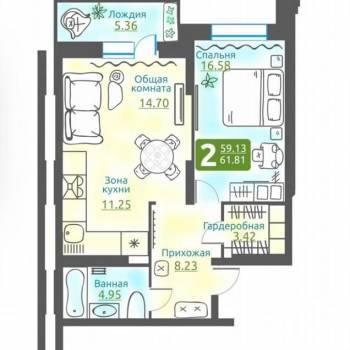 Продается 2-х комнатная квартира, 58,9 м²