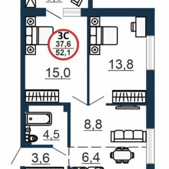 Продается 3-х комнатная квартира, 53 м²
